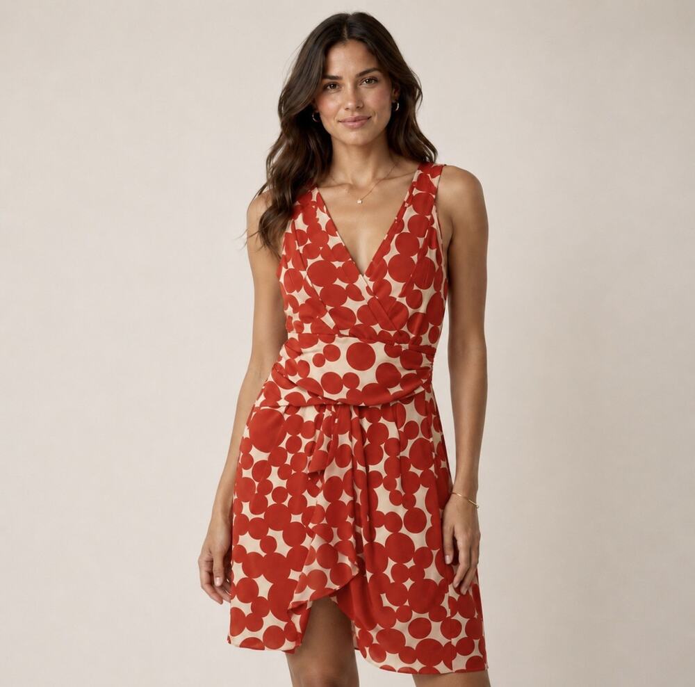 Yoana Baraschi Cocktail Silk Dress Red V Party Mini Shift Side Zip Circle Print